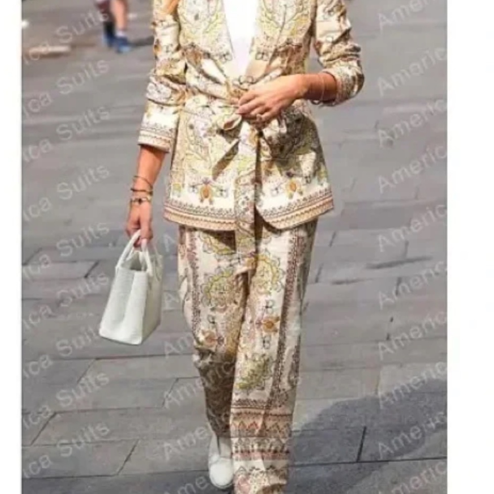 NEW! ZARA WOMAN PRINTED LINEN BLEND BLAZER + PANTS SET Size XS NWT! - Picture 2 of 15